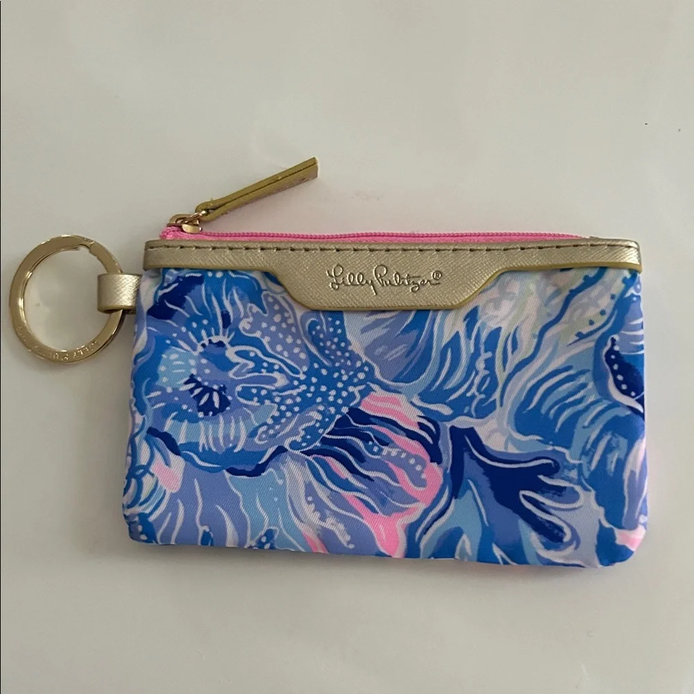 Lilly Pulitzer Shade Seekers ID Case Key Ring Wallet Blue Pink NWOT